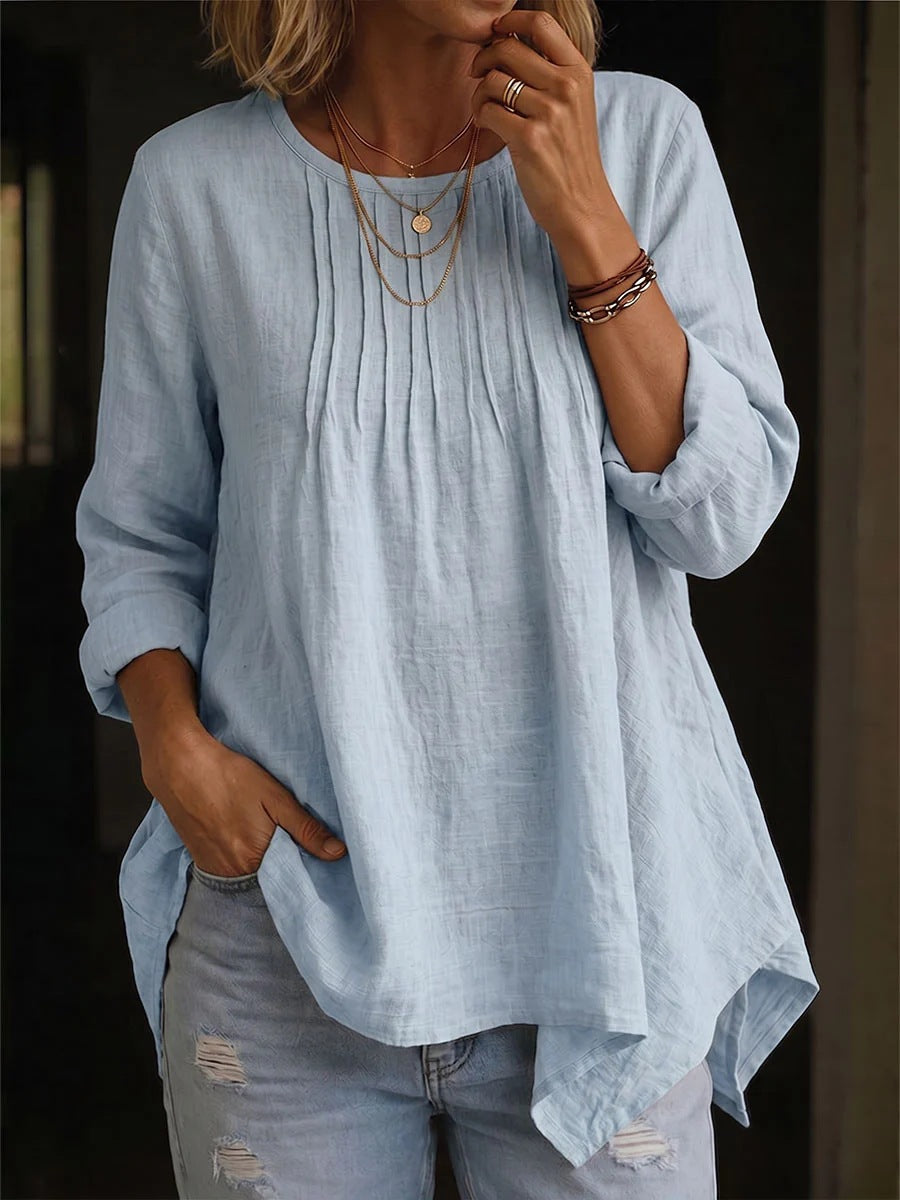 Solid Color Blouse For Women In Polyester Fabric With Casual Style Featuring Folded Details And Round Neck Pullover Design