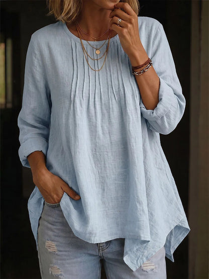 Solid Color Blouse For Women In Polyester Fabric With Casual Style Featuring Folded Details And Round Neck Pullover Design