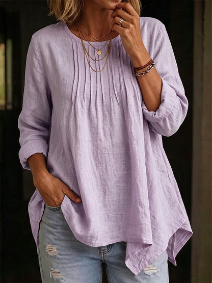 Solid Color Blouse For Women In Polyester Fabric With Casual Style Featuring Folded Details And Round Neck Pullover Design
