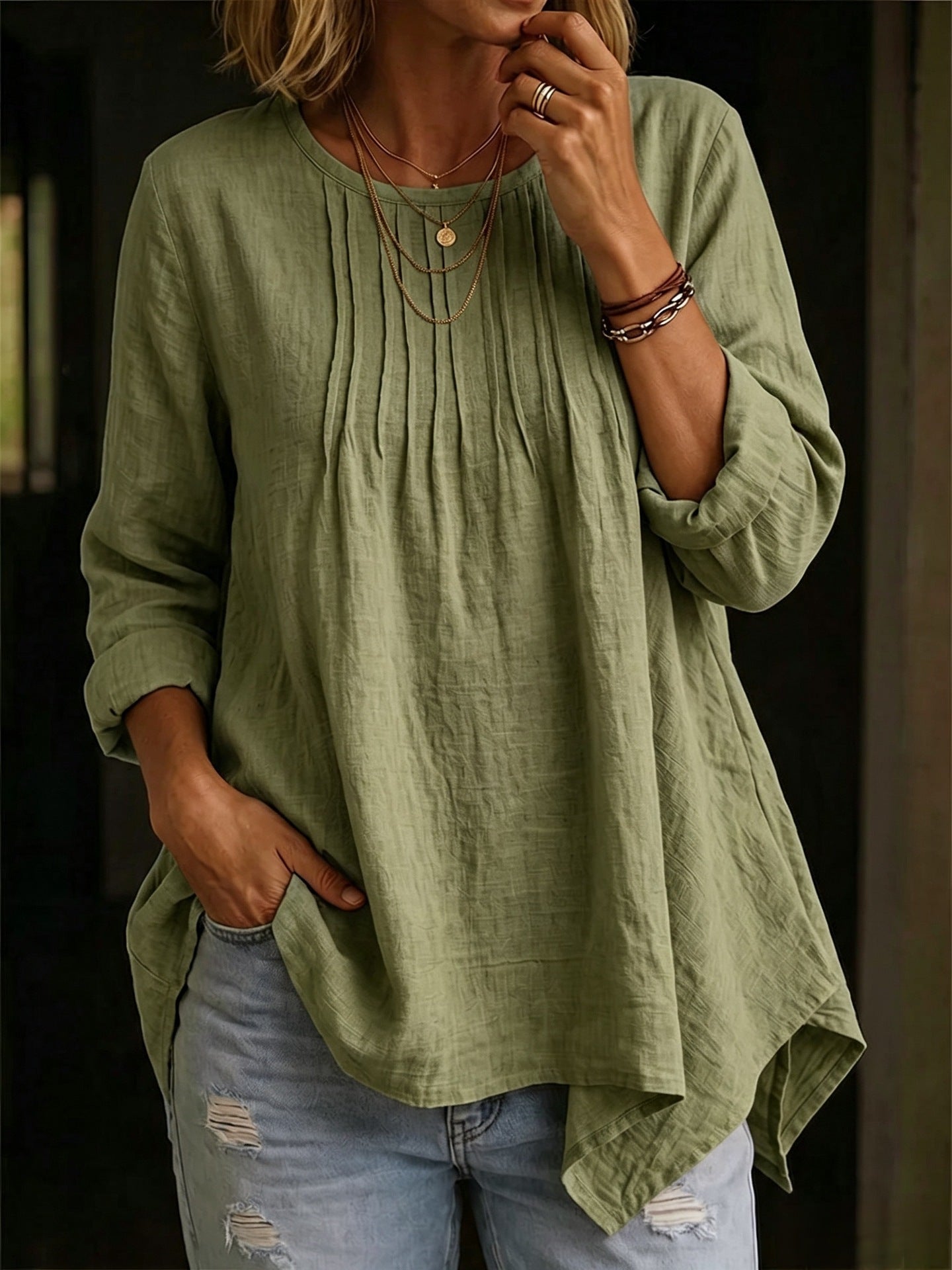 Solid Color Blouse For Women In Polyester Fabric With Casual Style Featuring Folded Details And Round Neck Pullover Design