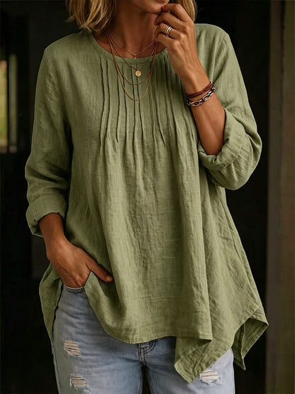 Solid Color Blouse For Women In Polyester Fabric With Casual Style Featuring Folded Details And Round Neck Pullover Design