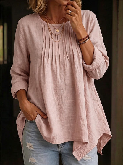 Solid Color Blouse For Women In Polyester Fabric With Casual Style Featuring Folded Details And Round Neck Pullover Design
