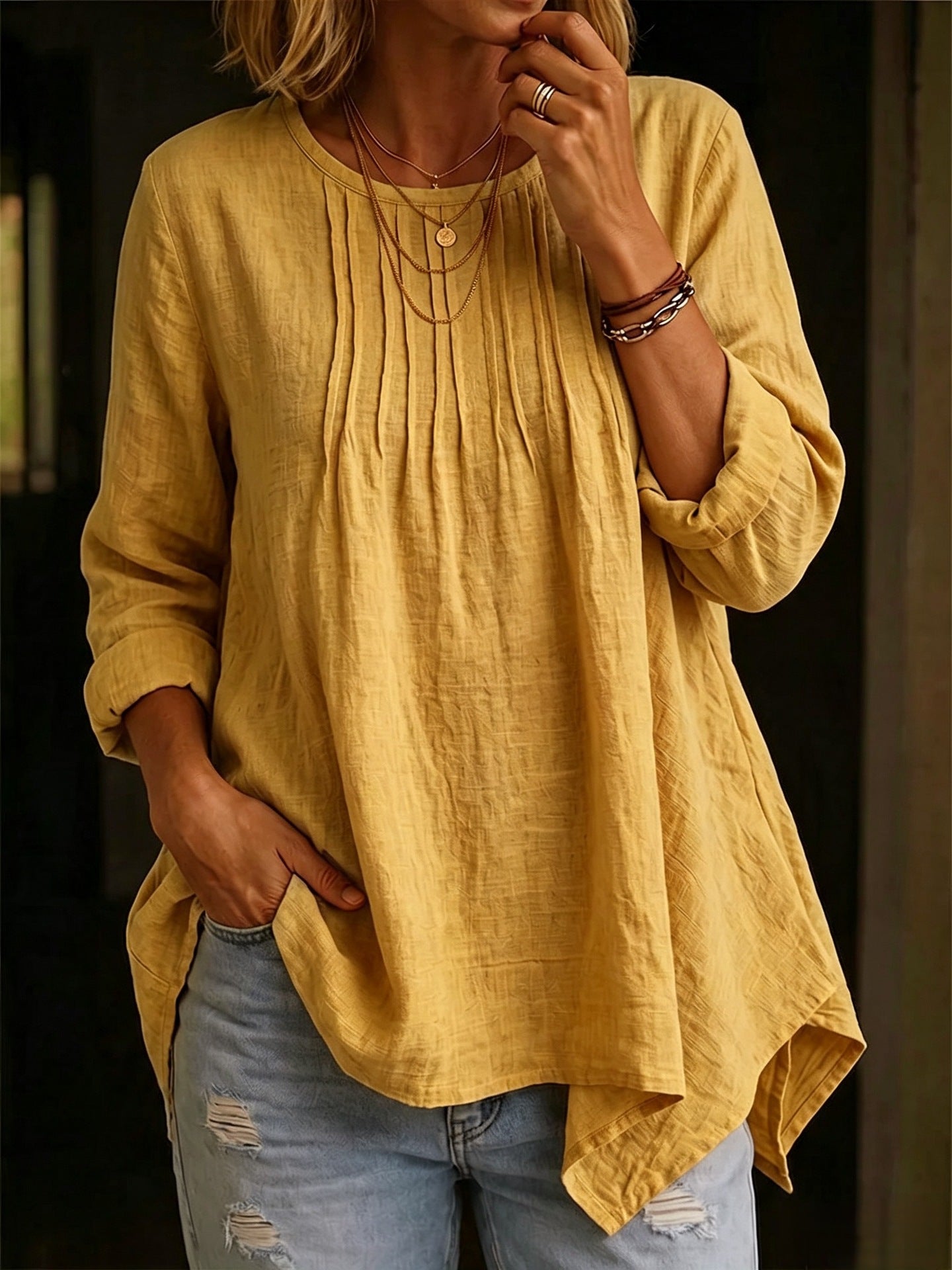 Solid Color Blouse For Women In Polyester Fabric With Casual Style Featuring Folded Details And Round Neck Pullover Design