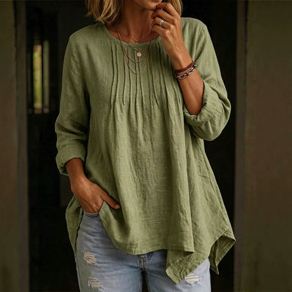 Solid Color Blouse For Women In Polyester Fabric With Casual Style Featuring Folded Details And Round Neck Pullover Design