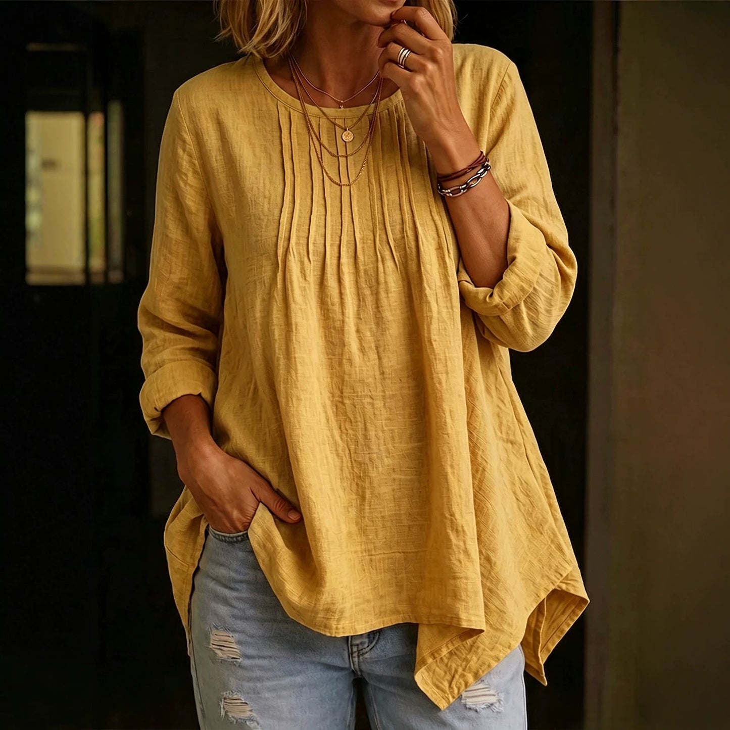 Solid Color Blouse For Women In Polyester Fabric With Casual Style Featuring Folded Details And Round Neck Pullover Design