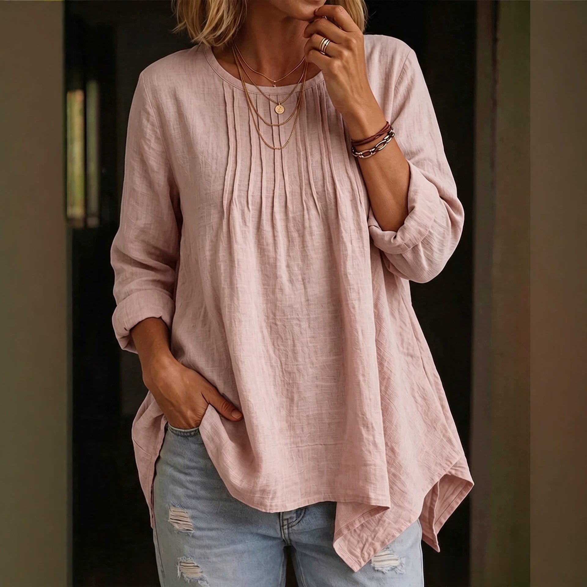 Solid Color Blouse For Women In Polyester Fabric With Casual Style Featuring Folded Details And Round Neck Pullover Design