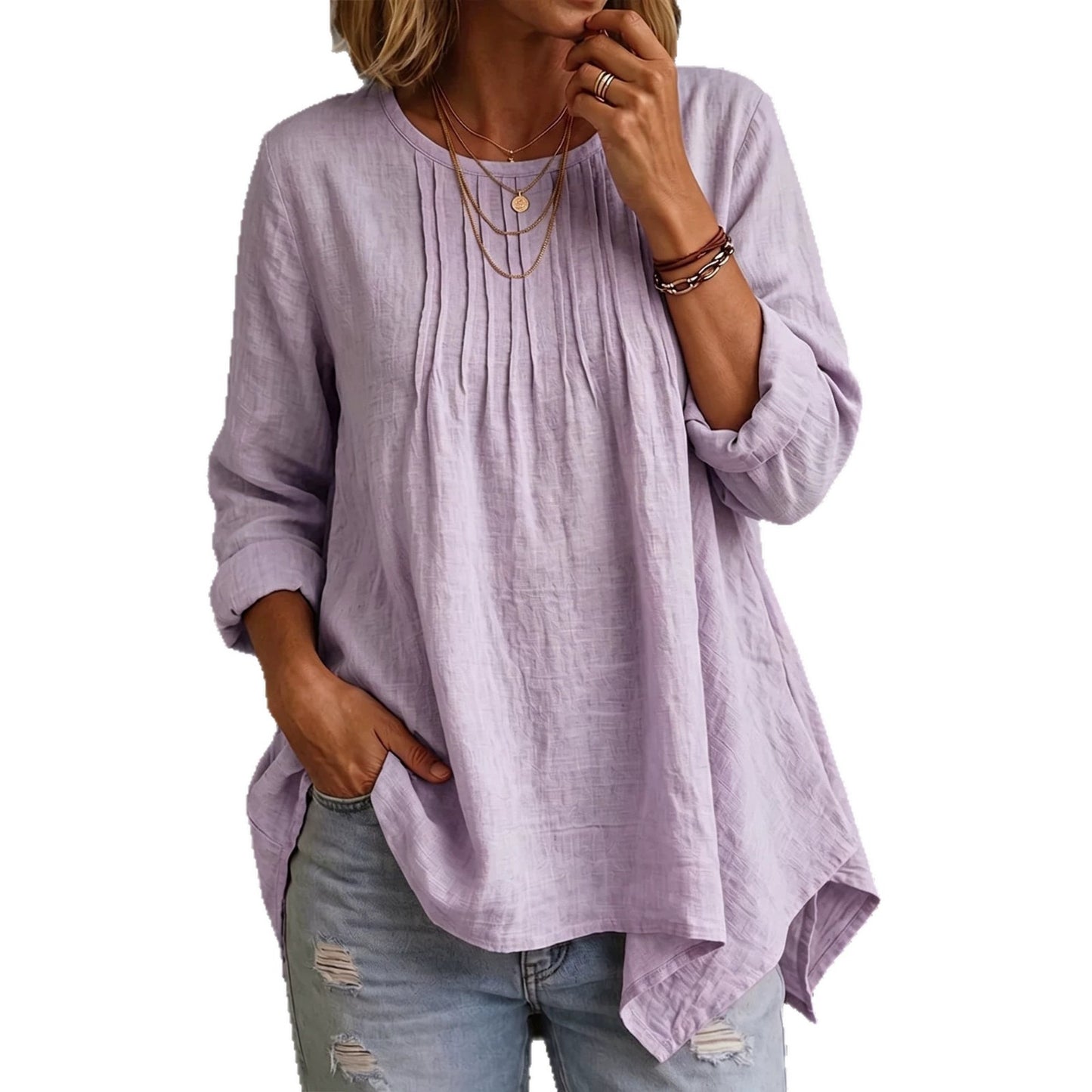 Solid Color Blouse For Women In Polyester Fabric With Casual Style Featuring Folded Details And Round Neck Pullover Design