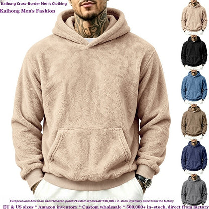 Solid Color Khaki Casual Men's Hoodie With Long Sleeve Featuring Rib-Knit Polyester Fabric