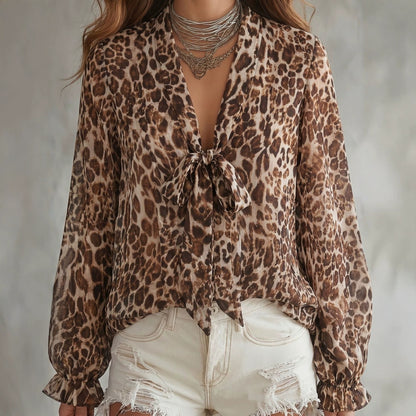 Leopard Print Blouse For Women In Chiffon Fabric With V Neck And Regular Sleeves, Featuring Sexy Style And Printing Craft