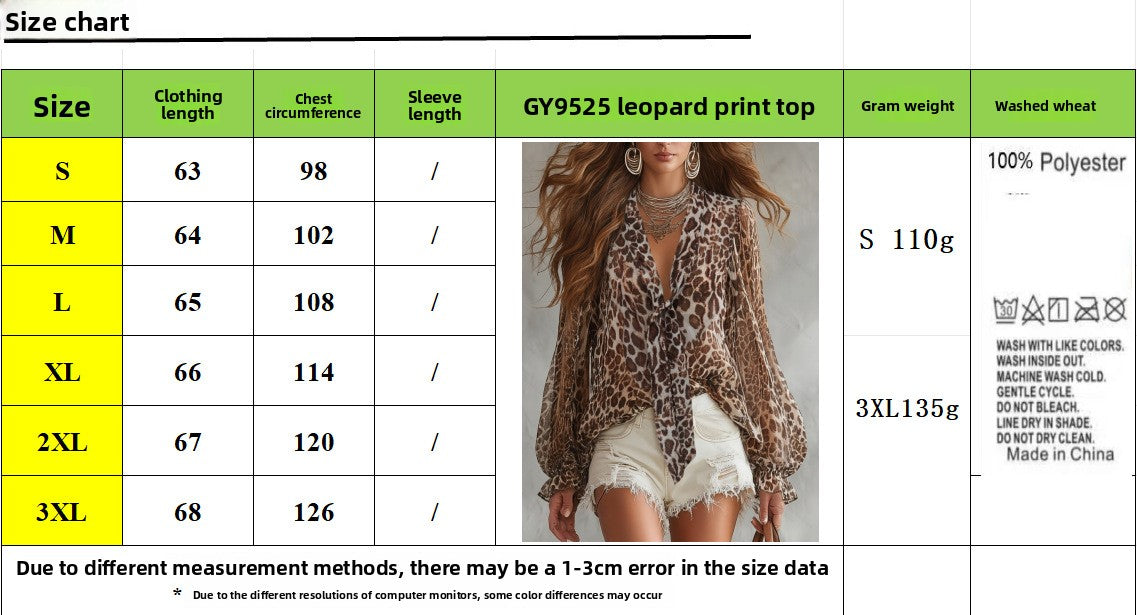 Leopard Print Blouse For Women In Chiffon Fabric With V Neck And Regular Sleeves, Featuring Sexy Style And Printing Craft