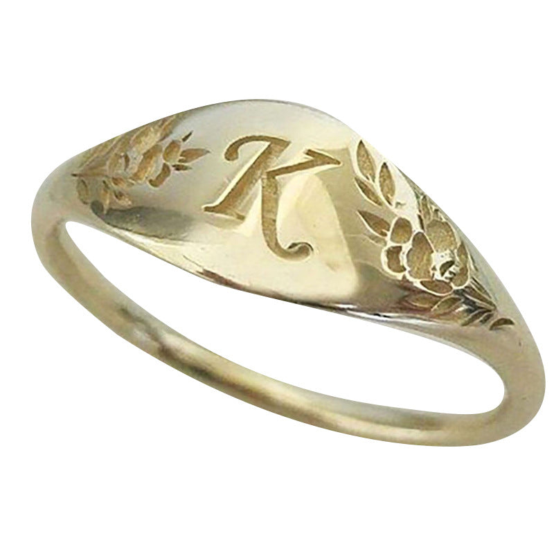 Retro Copper Letter Carving Ring For Women With Golden Electroplated Finish