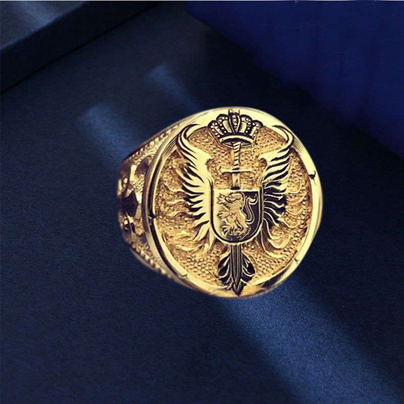 British Style Men's Lion Carving Ring In Copper With 18K Real Gold Electroplated Finish