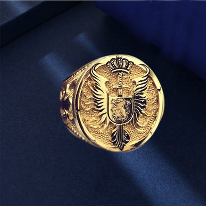 British Style Men's Lion Carving Ring In Copper With 18K Real Gold Electroplated Finish