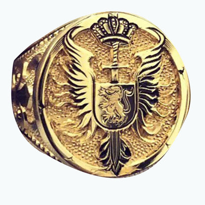 British Style Men's Lion Carving Ring In Copper With 18K Real Gold Electroplated Finish