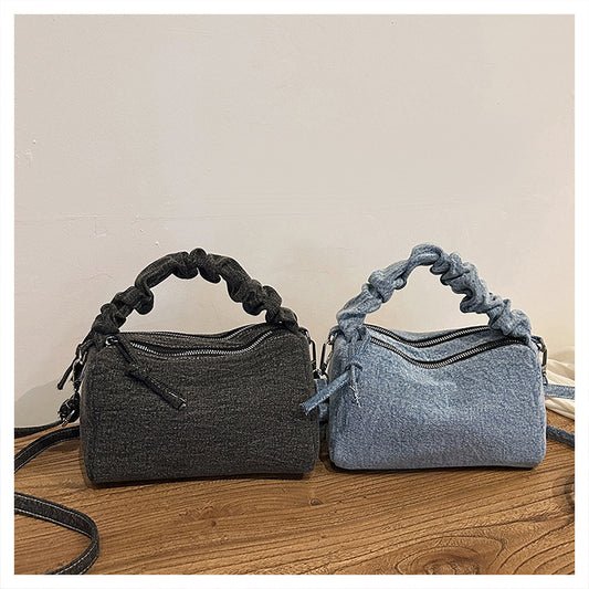 Denim Square Shoulder Bag For Women In Solid Color Featuring Sewing Thread Detail With Single Shoulder Strap
