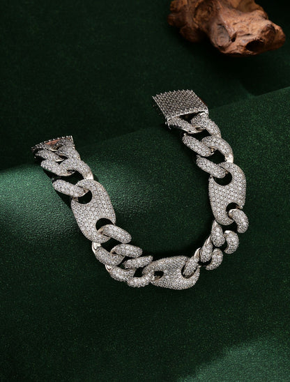Hip-Hop Silver Cuban Chain Link Necklace In Copper With Zircon Inlay, Unisex Cuban Link Chain Curb Chain