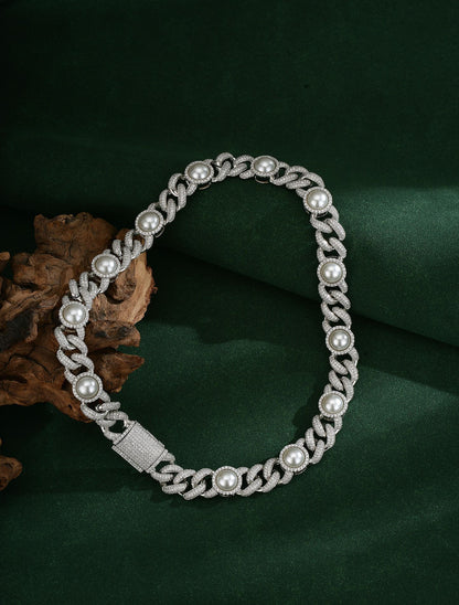 Hip-Hop Silver Cuban Chain Link Necklace In Copper With Zircon Inlay, Unisex Cuban Link Chain Curb Chain