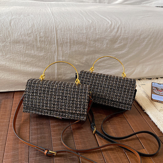 Square Fabric Handbag With Sewing Thread Detail, Featuring Top Handle, Perfect For Autumn