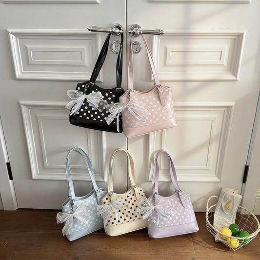 Women’s Polka Dots PU Leather Bucket Tote Bag With Bow Tie, Perfect For Spring And Summer
