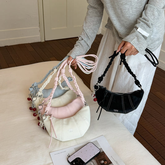 Solid Color PU Leather Dumpling Shape Underarm Bag With Sewing Thread, Single Shoulder Strap For Summer