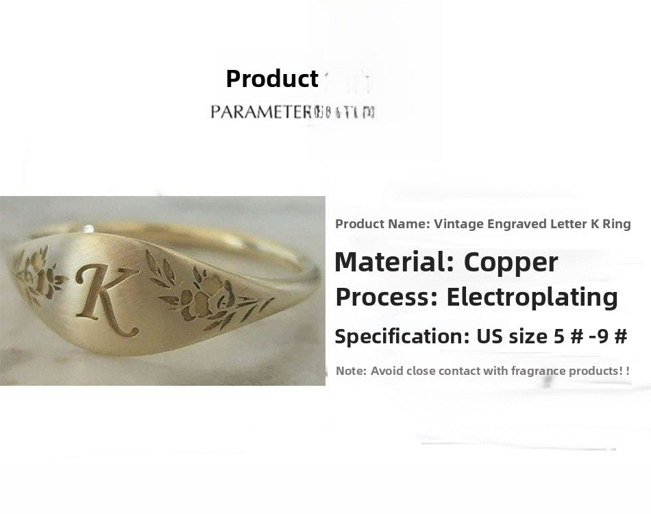 Retro Copper Letter Carving Ring For Women With Golden Electroplated Finish
