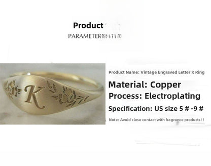 Retro Copper Letter Carving Ring For Women With Golden Electroplated Finish