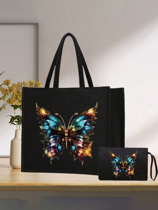 Unisex Square Shoulder Bag With Butterfly Print, Polyester Material, Featuring Double Handle Design