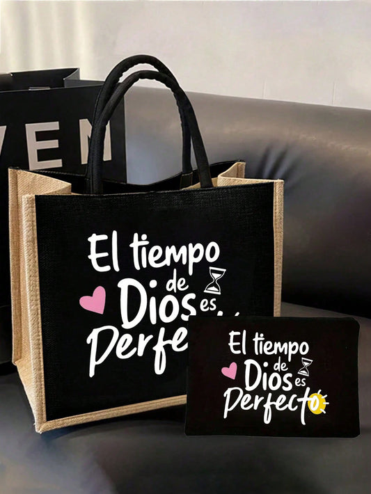 Unisex Square Letter Polyester Shoulder Bag With Double Handle, Stylish And Practical For Everyday Use