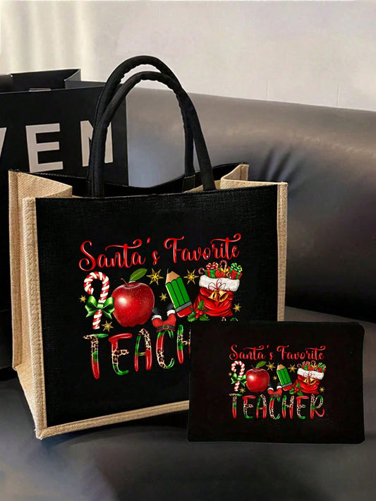 Unisex Square Shoulder Bag With Christmas Letter Pattern, Polyester Material, Featuring Double Handle Design