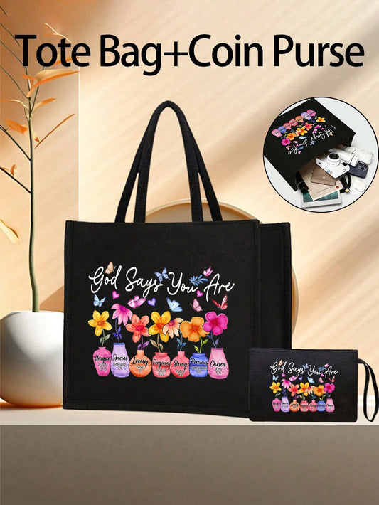 Unisex Square Pattern Shoulder Bag With Letter Print In Polyester Featuring Double Handle For Women