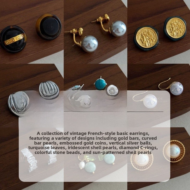 Geometric Stud Earrings For Women Featuring Gold Imitation Pearl And Turquoise Inlay With 925 Sterling Silver Posts