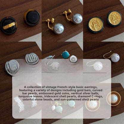 Geometric Stud Earrings For Women Featuring Gold Imitation Pearl And Turquoise Inlay With 925 Sterling Silver Posts