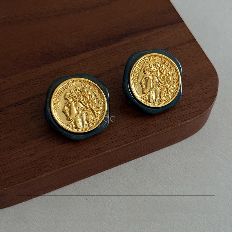 Geometric Stud Earrings For Women Featuring Gold Imitation Pearl And Turquoise Inlay With 925 Sterling Silver Posts