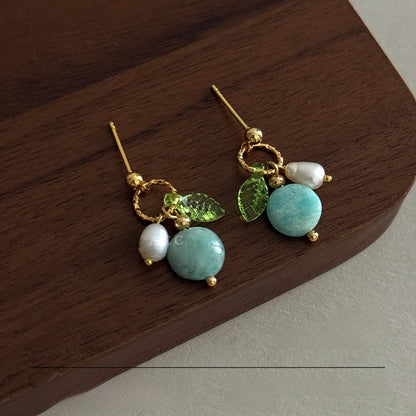 Geometric Stud Earrings For Women Featuring Gold Imitation Pearl And Turquoise Inlay With 925 Sterling Silver Posts