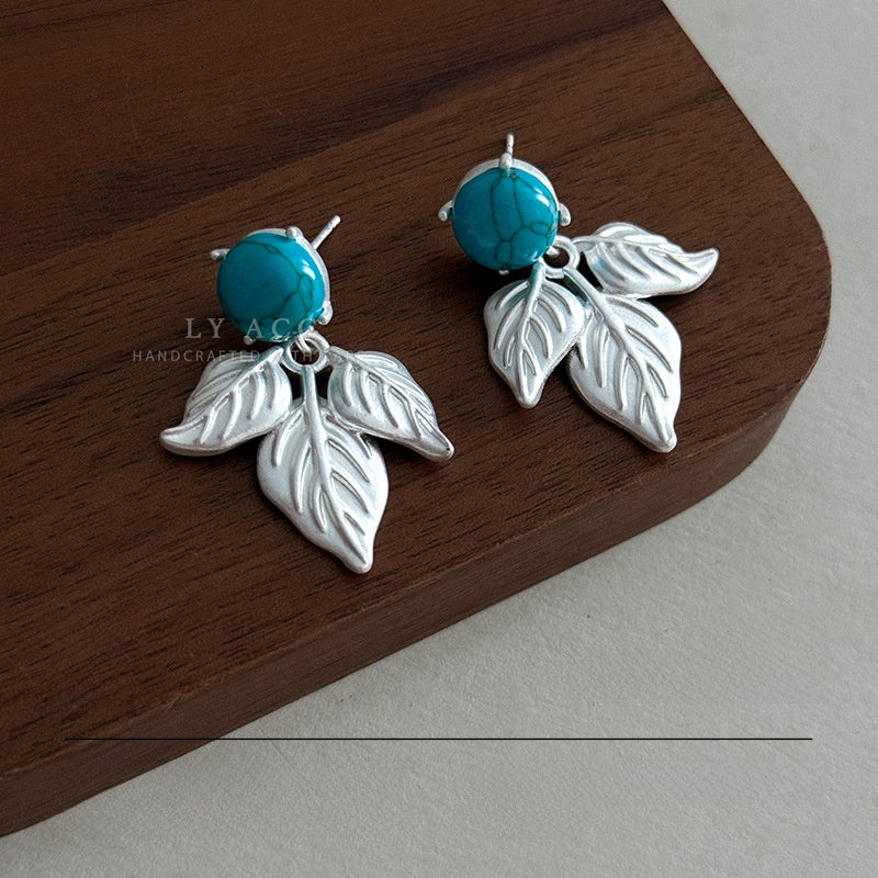 Geometric Stud Earrings For Women Featuring Gold Imitation Pearl And Turquoise Inlay With 925 Sterling Silver Posts