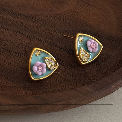 Natural Pink Flowers Stud Earrings For Women In Copper With Real Gold Plated Enamel Craft