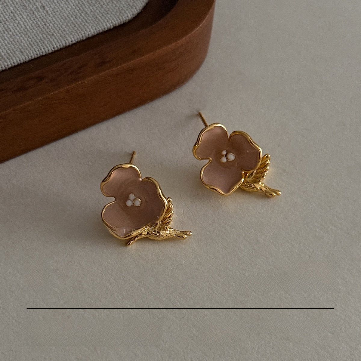 Natural Pink Flowers Stud Earrings For Women In Copper With Real Gold Plated Enamel Craft