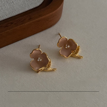 Natural Pink Flowers Stud Earrings For Women In Copper With Real Gold Plated Enamel Craft