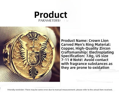 British Style Men's Lion Carving Ring In Copper With 18K Real Gold Electroplated Finish