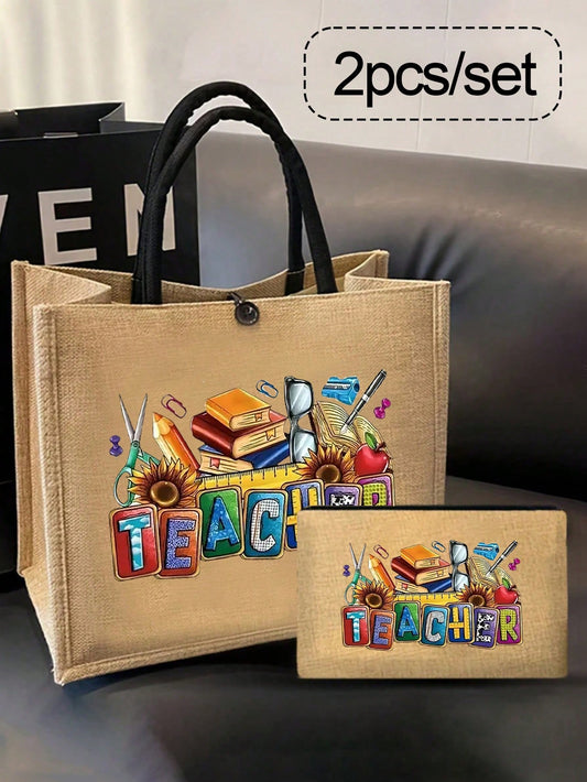 Creative Teacher Letter Print Polyester Square Book Shoulder Bag With Double Handle For Unisex