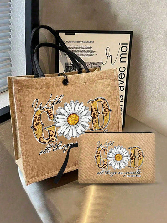 Unisex Square Letter Shoulder Bag With Leopard Daisy Print In Polyester, Double Handle Tote Bag For Women