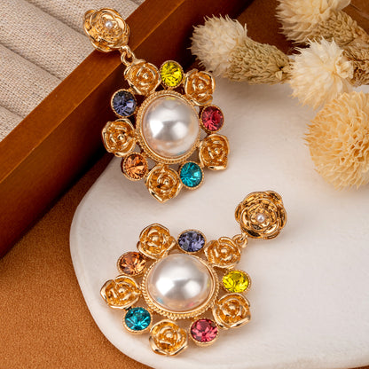 Retro Three-dimensional Rose Drop Earrings For Women In Gold Zinc Alloy With Artificial Pearl Inlay