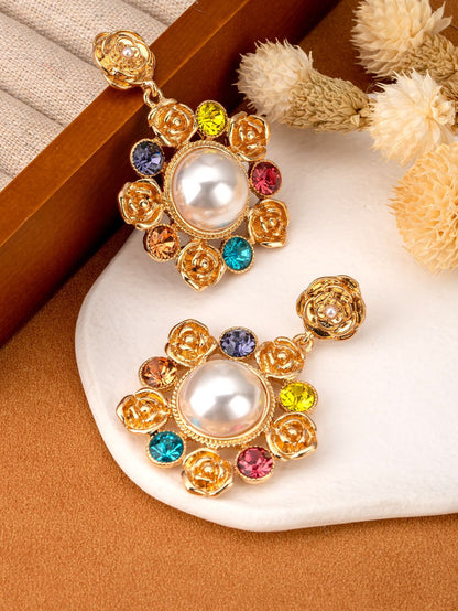 Retro Three-dimensional Rose Drop Earrings For Women In Gold Zinc Alloy With Artificial Pearl Inlay