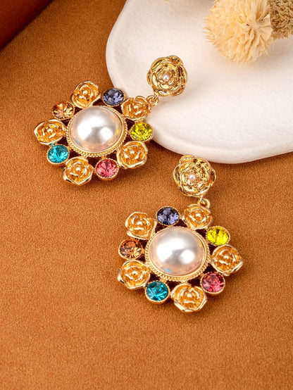 Retro Three-dimensional Rose Drop Earrings For Women In Gold Zinc Alloy With Artificial Pearl Inlay