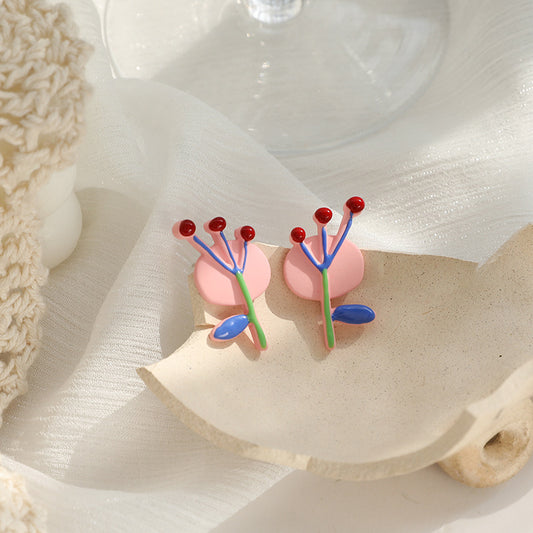 Multicolor Flowers Stud Earrings For Women With 925 Sterling Silver Alloy Spray Paint Design
