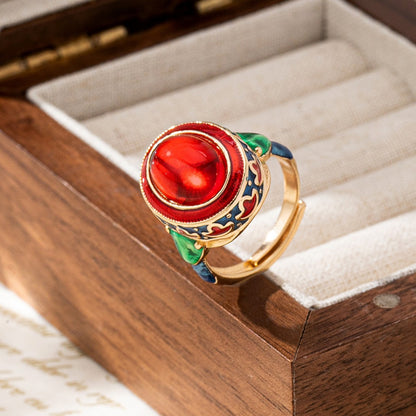 Vintage Style Waves Open Ring For Women, Copper With Electroplated Gold Plating And July Birthstone Ruby Inlay