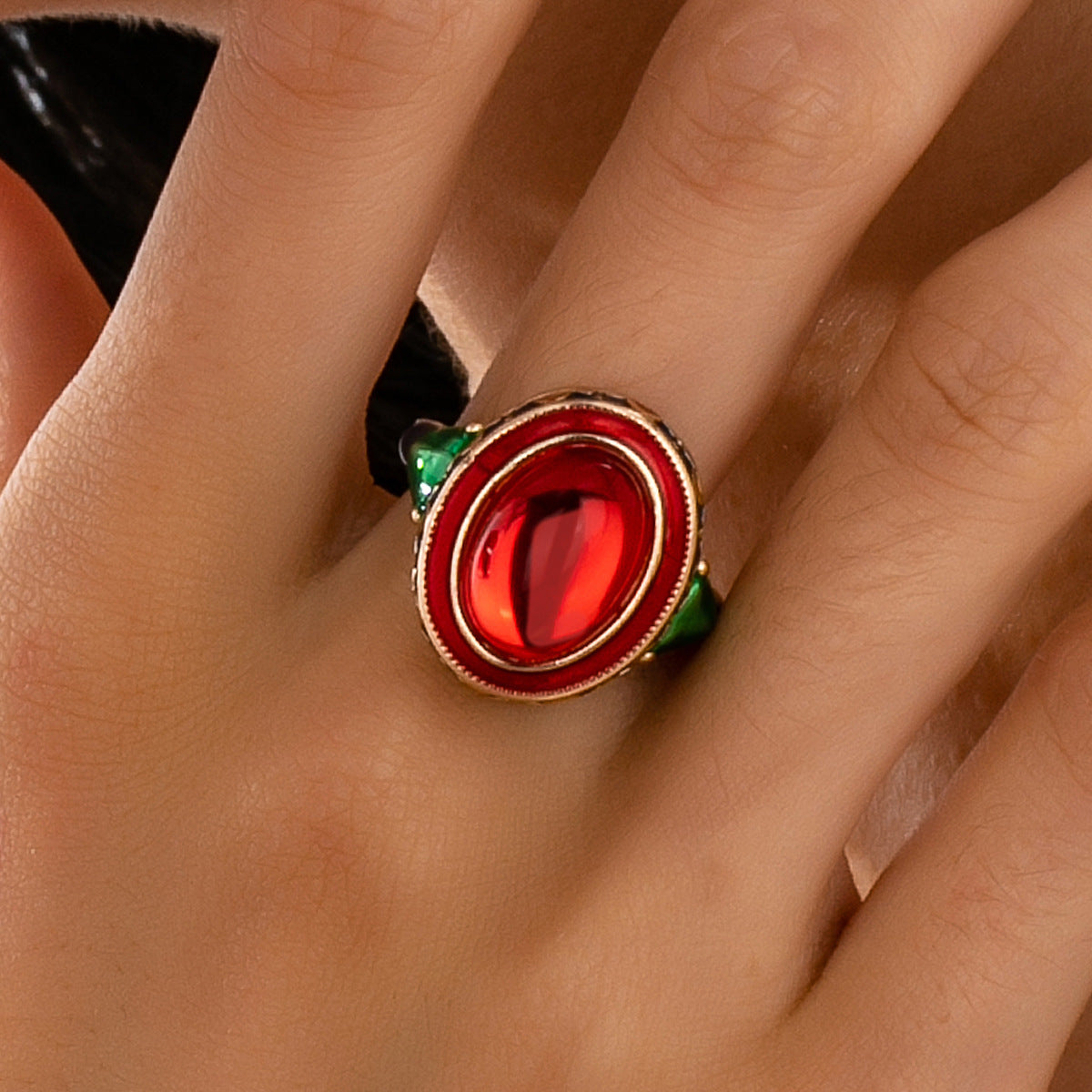 Vintage Style Waves Open Ring For Women, Copper With Electroplated Gold Plating And July Birthstone Ruby Inlay