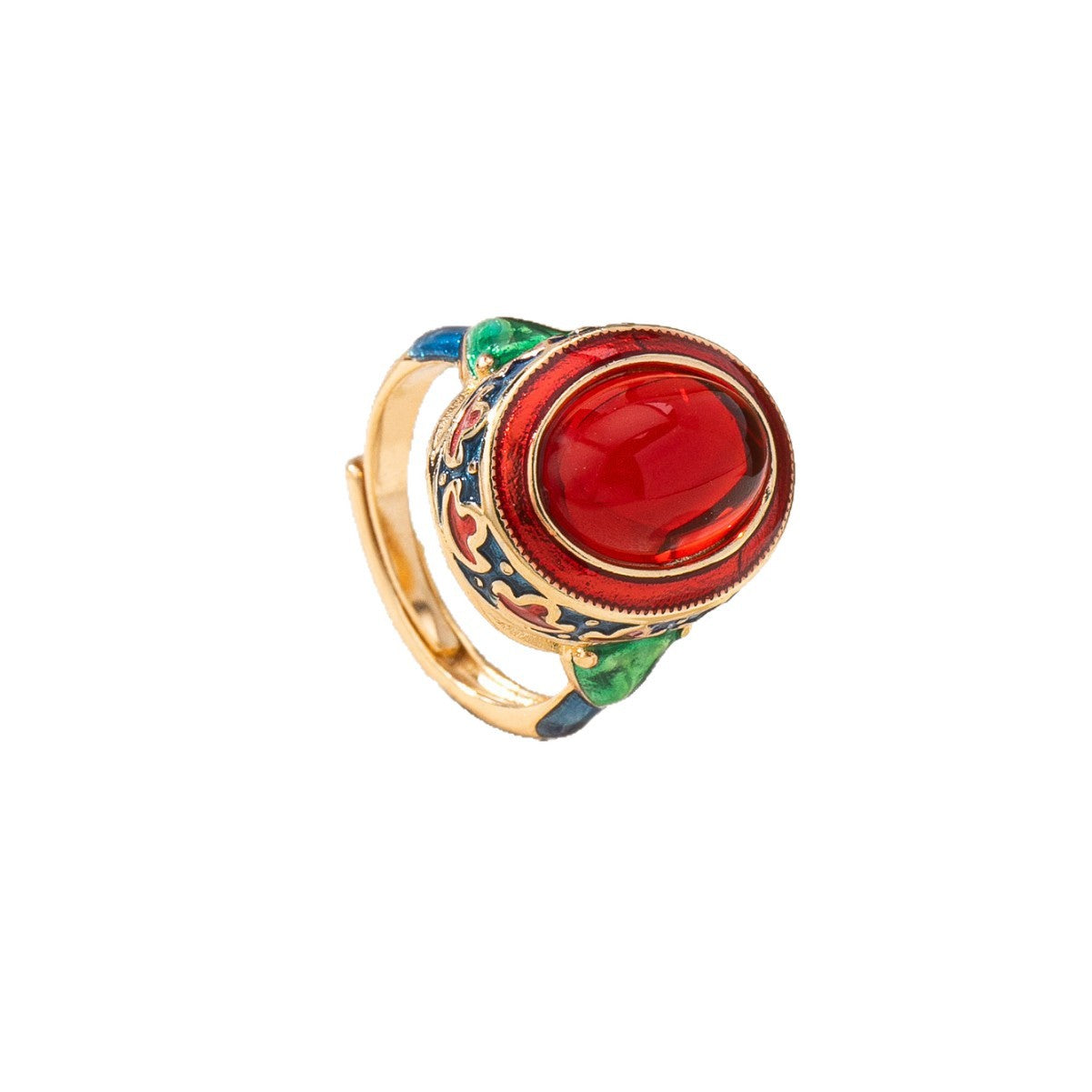 Vintage Style Waves Open Ring For Women, Copper With Electroplated Gold Plating And July Birthstone Ruby Inlay