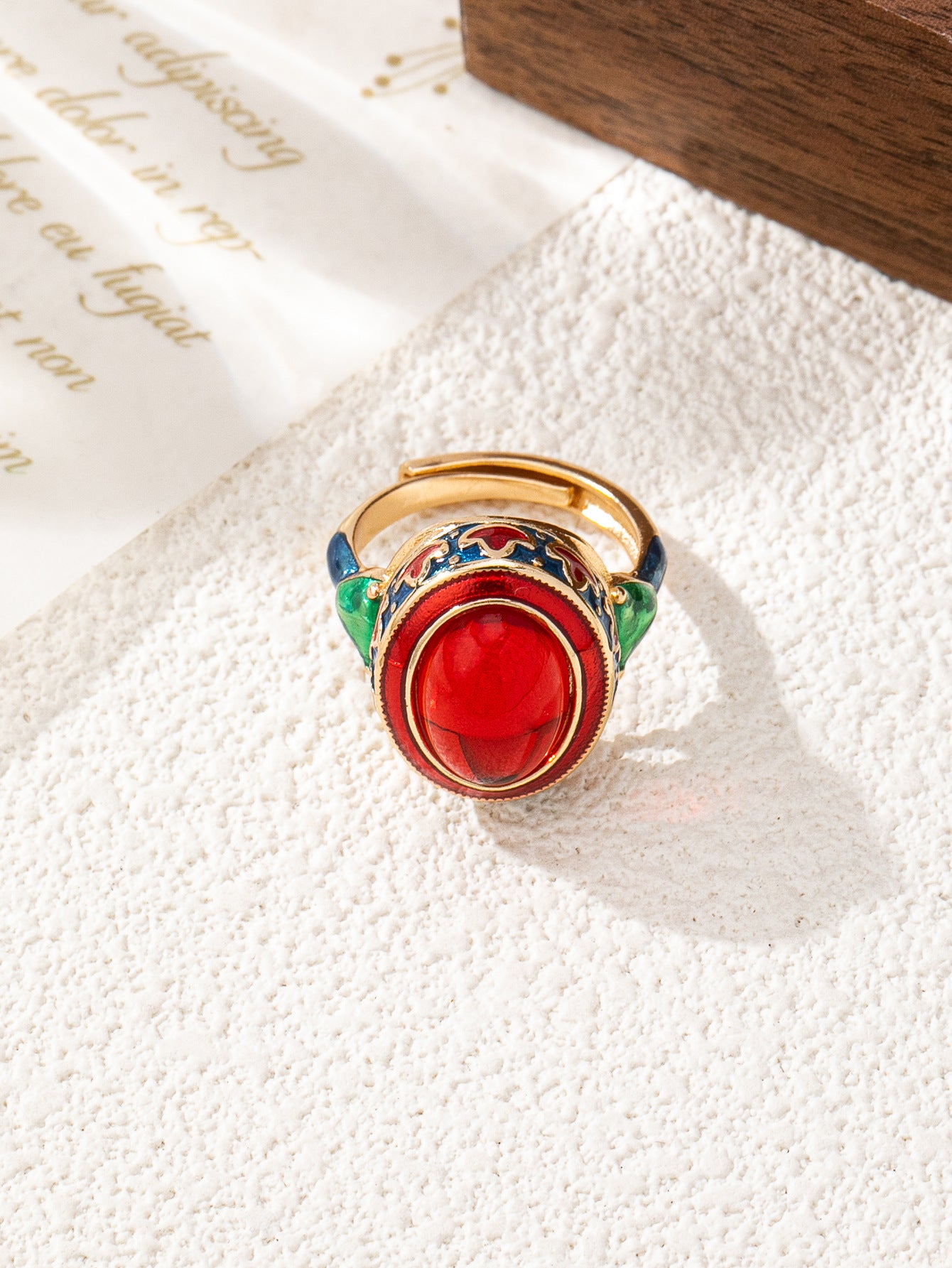 Vintage Style Waves Open Ring For Women, Copper With Electroplated Gold Plating And July Birthstone Ruby Inlay