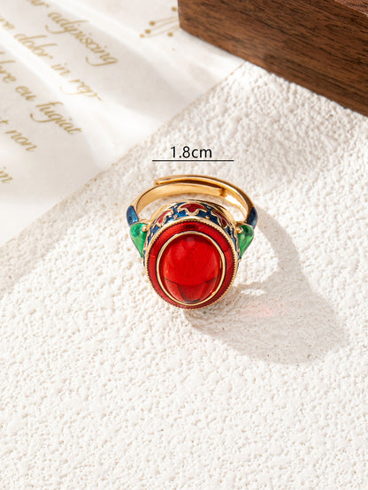Vintage Style Waves Open Ring For Women, Copper With Electroplated Gold Plating And July Birthstone Ruby Inlay